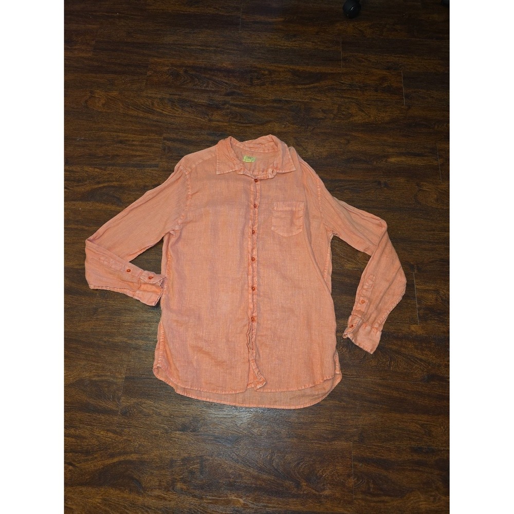 Trevero Mens XL 100% Linen Button Down Shirt Coral Orange Long Sleeve Pocket